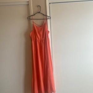 Coral spaghetti strap summer dress with pockets, great for weddings